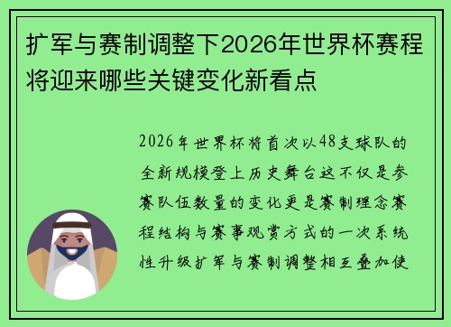 扩军与赛制调整下2026年世界杯赛程将迎来哪些关键变化新看点